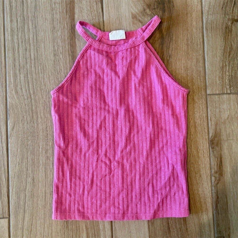 Cotton On Kids Tank Top Girls Size 8 Pink Ribbed Halter Sleeveless Stretch